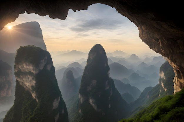 Photo highlighting the surreal beauty of the 'door to heaven' cave at tianmen mountain china generated ai
