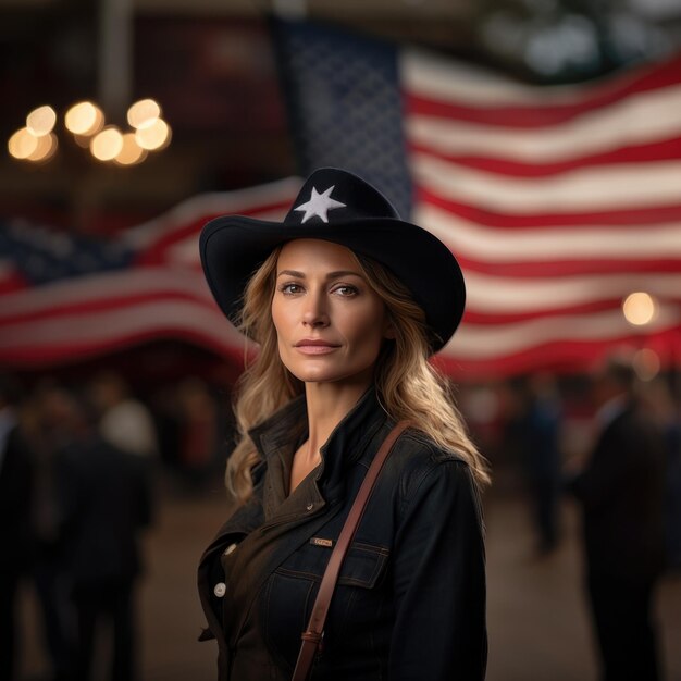 A highly attractive woman wearing a cowboy hat and boots against the backdrop of the American flag