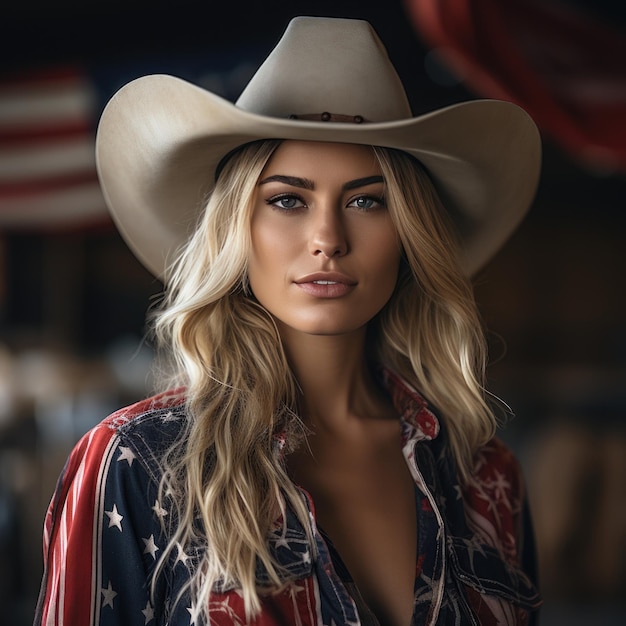A highly attractive woman wearing a cowboy hat and boots exuding confidence and style