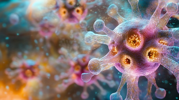 Высоко детальный 3D крупный план вируса Monkeypox с светящимися шипами и острым огненным гало, представляющим его опасную и заразительную природу в ярких цветах