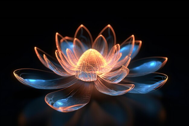 Photo highly detailed 3d lotus flower thing glowing lines ray traced reflections on black background