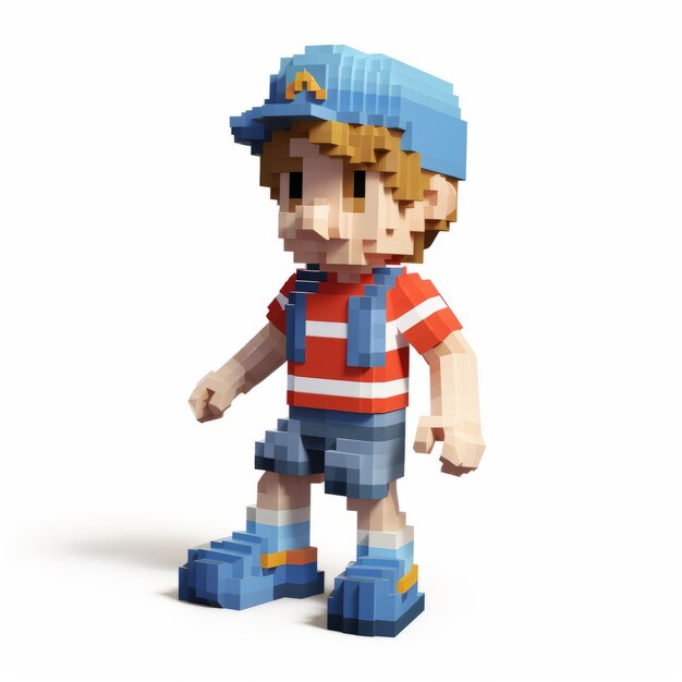 Photo highly detailed 3d pixel art boy in hat and blue shirt