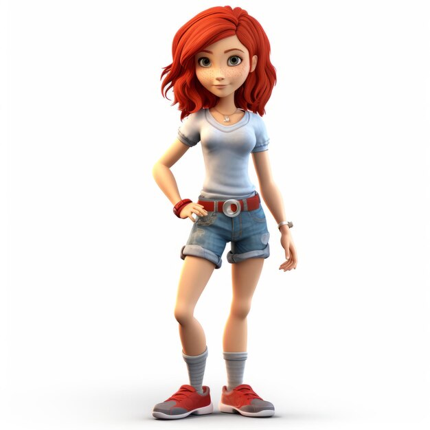 Highly Detailed 3d Render Cartoon Of Jennifer With Red Hair And Shorts