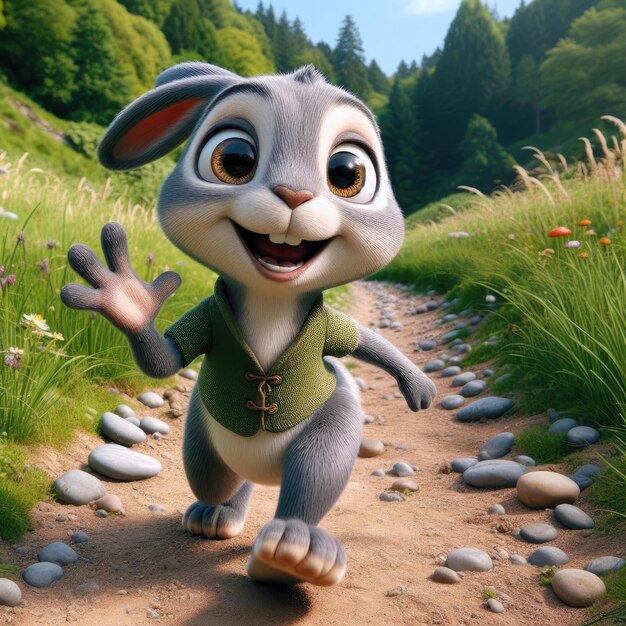 A highly detailed animated rabbit with large expressive eyes and a wide smile