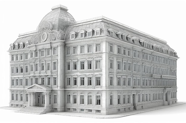 Highly detailed building Isolated wireframe render on a white background