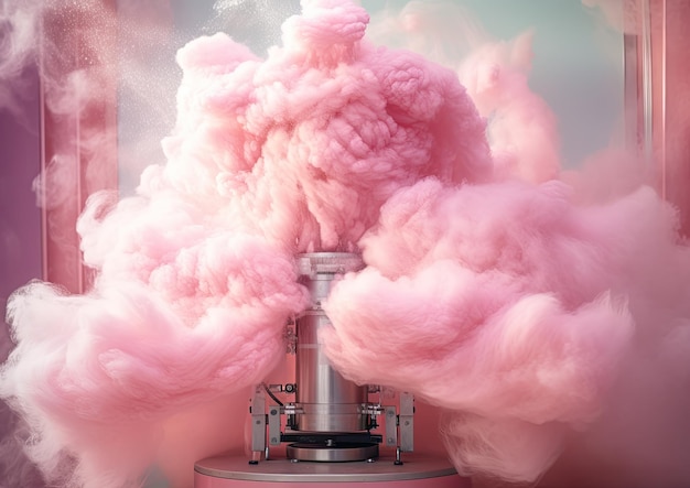 A highly detailed closeup shot of a cotton candy machine showcasing the fluffy pink strands being