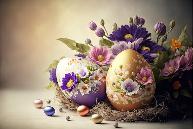 Highly detailed decorated easter eggs in birds nest made of sticks Chicken eggs with painted flowers and leaves on background of abstract florals Digital art 3d render illustration