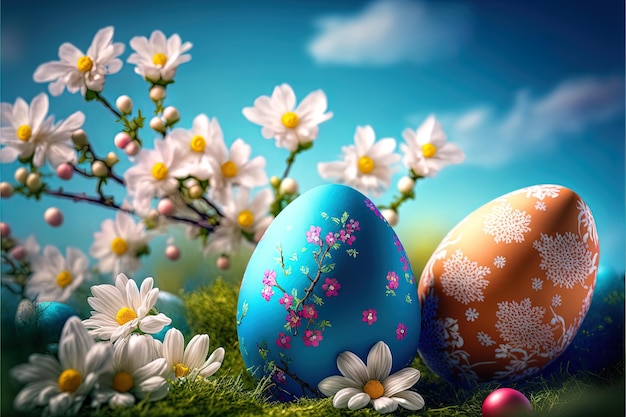 매우 상세한 장식된 부활절 달걀 파란색 구름 여름 맑은 하늘에 추상 꽃의 배경에 그려진 꽃과 잎이 있는 닭고기 달걀 디지털 아트 3d 렌더링 그림