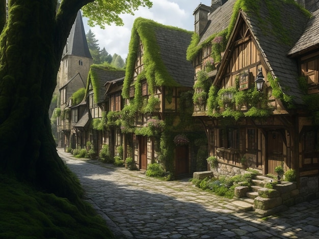 Highly detailed digital art of streets of a medieval city in the middle of a yew forest