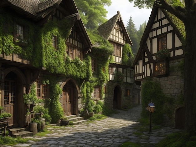 Highly detailed digital art of streets of a medieval city in the middle of a yew forest