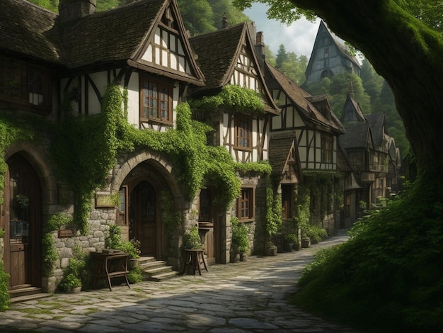 Highly detailed digital art of streets of a medieval city in the middle of a yew forest