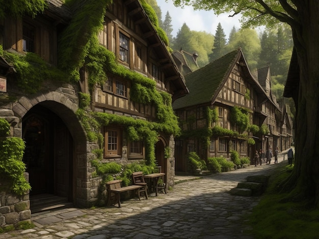 Highly detailed digital art of streets of a medieval city in the middle of a yew forest