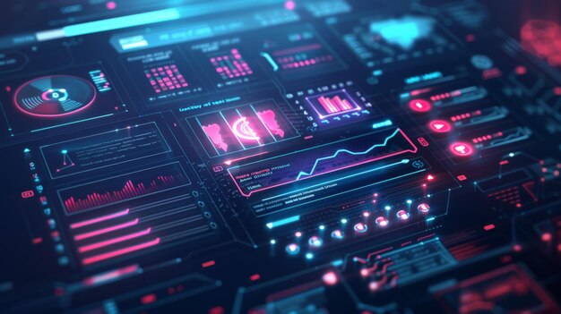 A highly detailed futuristic user interface with various graphs ...