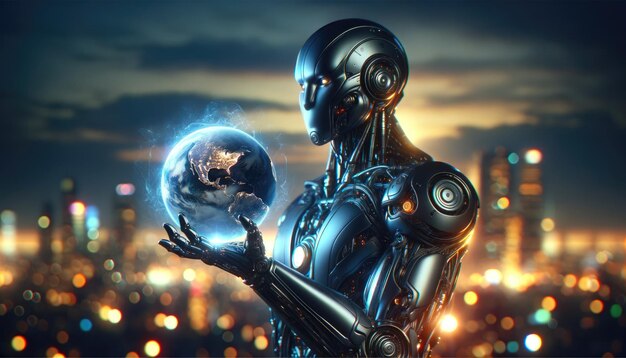 Highly detailed humanoid robot holds a glowing Earth globe overlooking a cityscape at dusk symbolizing technological advancement and the future