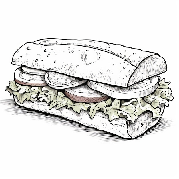 Photo highly detailed line drawing of a vegetable sandwich