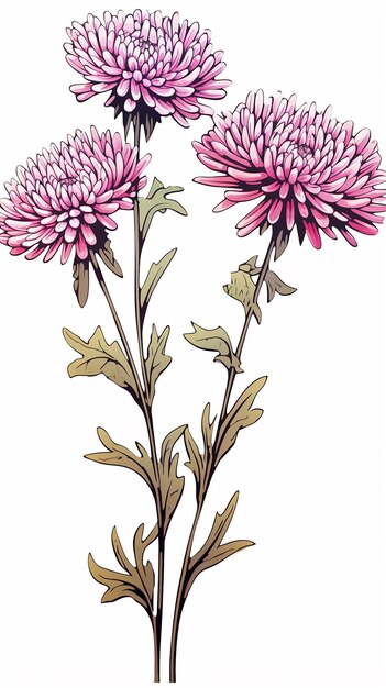 Photo highly detailed long stem aster flowers vector ink illustration