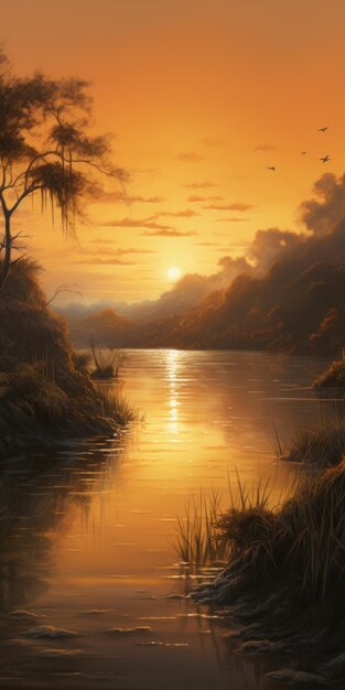 Highly Detailed Oil Painting Of Lagoon At Golden Sunrise In The Weeknd Style