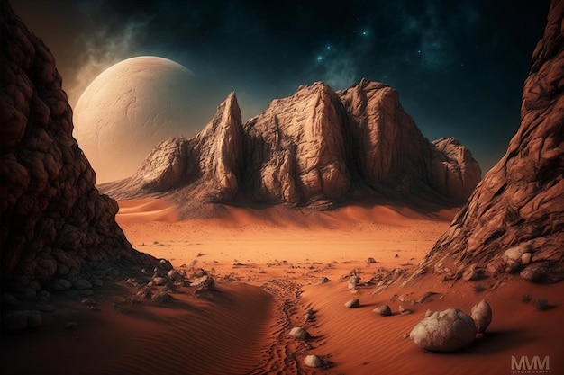 Высокодетализированная фотография марсианских гор Потрясающий вид на Красную планету Генеративный ИИ