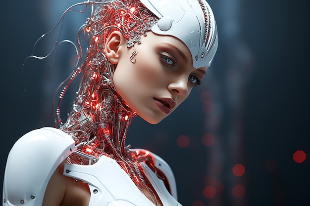 Highly detailed Portrait Beautiful woman Robot in white and red colors with glass eyes