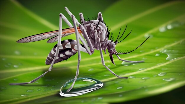 A highly detailed and realistic illustration of a mosquito perched on a vibrant green leaf