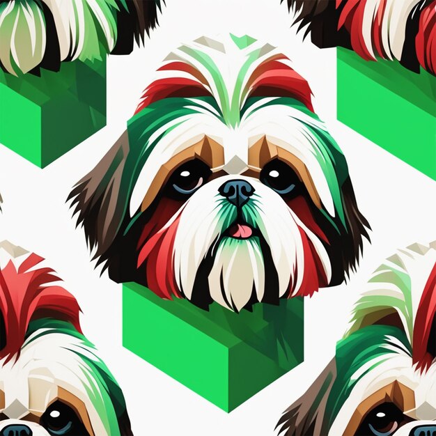 Highly detailed shih tzu green red t shirt design white background low poly isometric art 3d