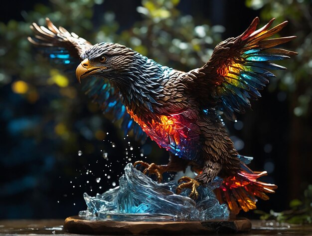Highly detailed shot of a water splashing sculpture in the shape of a eagle