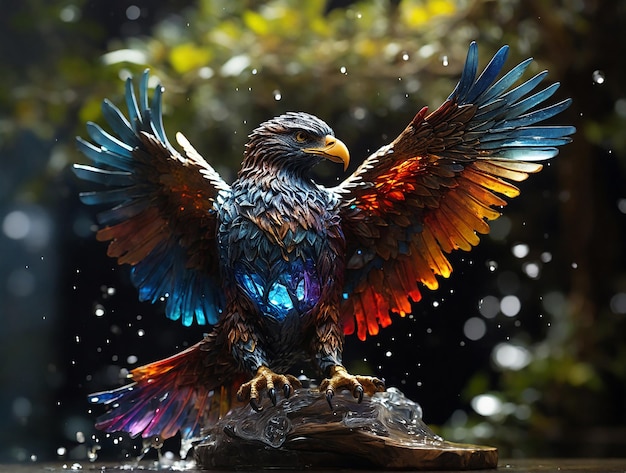 Highly detailed shot of a water splashing sculpture in the shape of a eagle