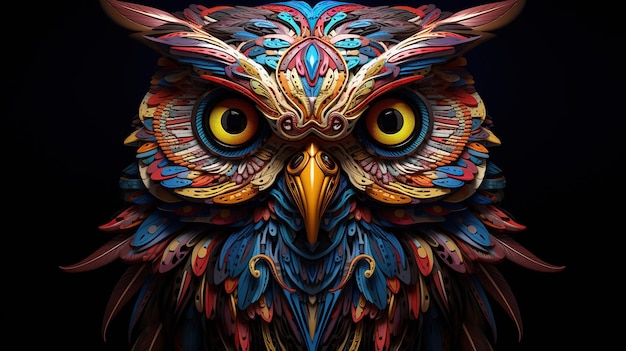 Photo the highly detailed and vibrant feathers of the owl head create a colorful spectacle generative ai