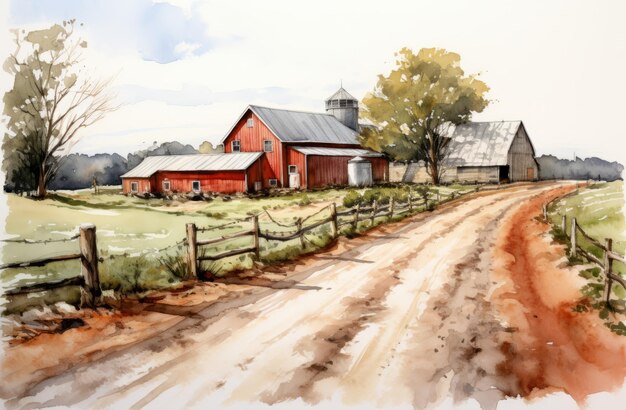 Highly Detailed Watercolor Farm Drawing On Dirt Road