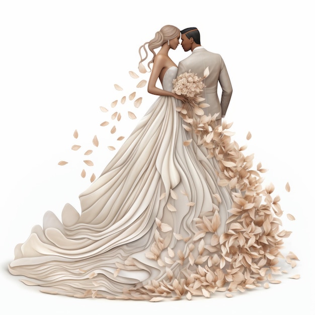Highly detailed wedding clipart of bride and groom in light taupe bridal gown