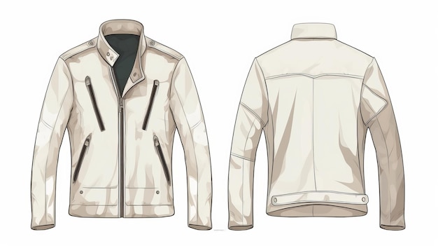 Highly Detailed White Leather Jacket With Zippers And Earth Tone Illustrations