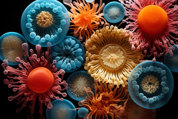 Highly magnified richly detailed macro images of yeast cells interplay