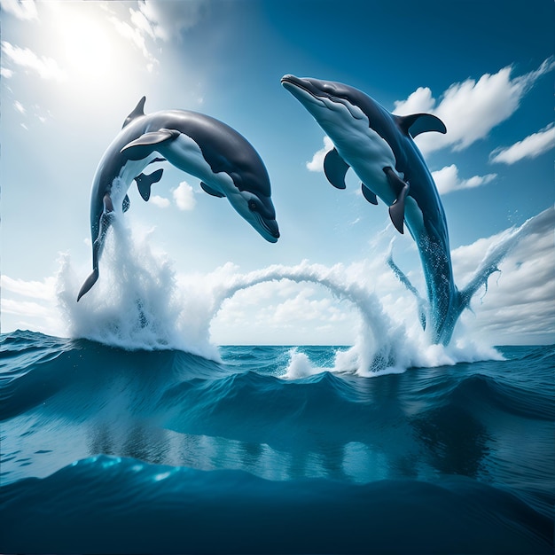 Foto fotografia altamente realistica di due delfini che saltano fuori dall'acqua