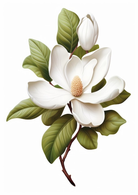 Highly Realistic White Magnolia Blossom Illustration On White Background