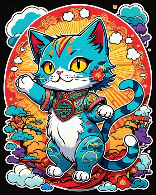 A highly vibrant digital illustration of a playful cat sticker in the style of japanese pop art