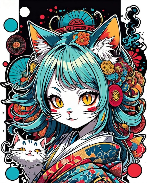日本のポップアートのスタイルで遊び心のある猫のステッカーの非常に活気のあるデジタルイラスト