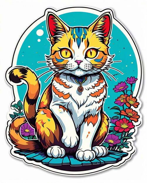 Photo a highly vibrant digital illustration of a playful cat sticker in the style of japanese pop art