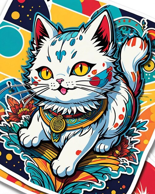 日本のポップアートのスタイルで遊び心のある猫のステッカーの非常に活気のあるデジタルイラスト