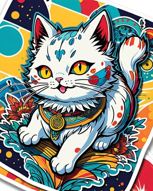 A highly vibrant digital illustration of a playful cat sticker in the style of Japanese pop art