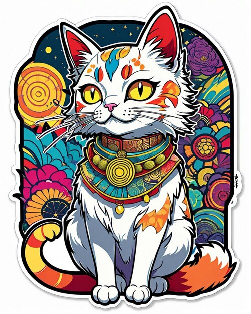 A highly vibrant digital illustration of a playful cat sticker in the style of Japanese pop art