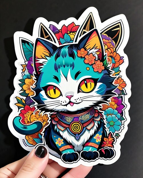 A highly vibrant digital illustration of a playful cat sticker in the style of Japanese pop art