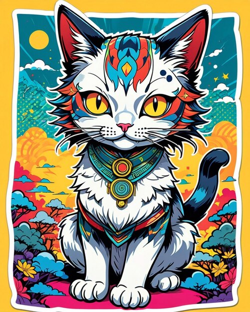 A highly vibrant digital illustration of a playful cat sticker in the style of Japanese pop art