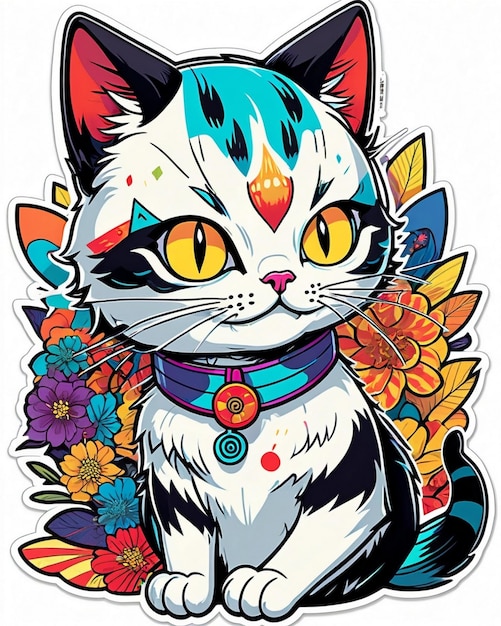 A highly vibrant digital illustration of a playful cat sticker in the style of Japanese pop art