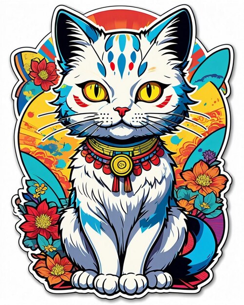 A highly vibrant digital illustration of a playful cat sticker in the style of Japanese pop art