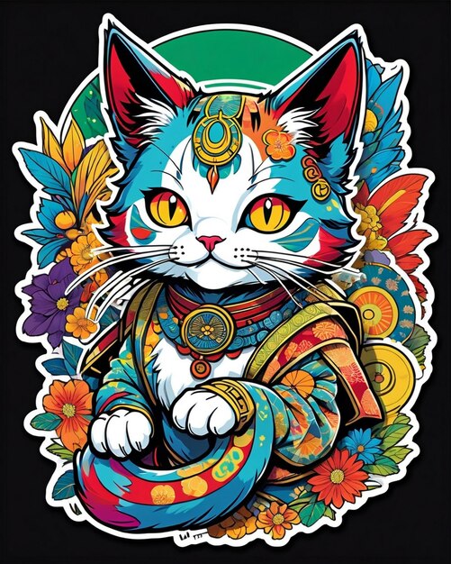 A highly vibrant digital illustration of a playful cat sticker in the style of Japanese pop art