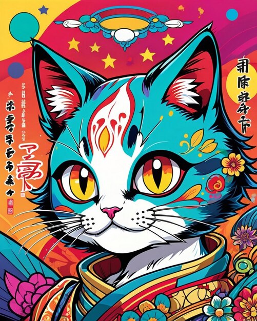 Photo a highly vibrant digital illustration of a playful cat sticker in the style of japanese pop art