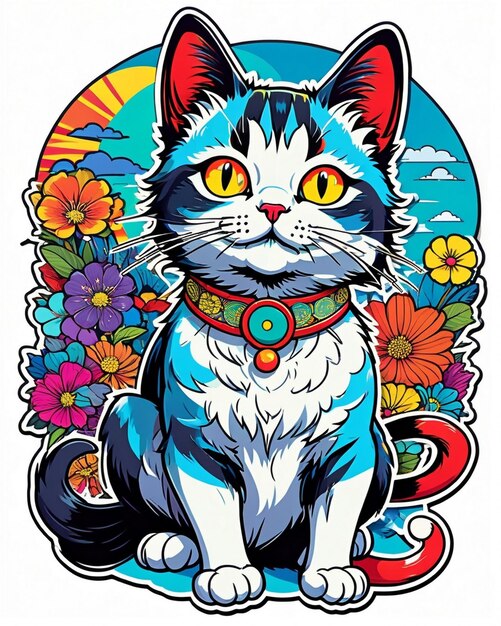 A highly vibrant digital illustration of a playful cat sticker in the style of Japanese pop art