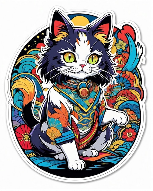 A highly vibrant digital illustration of a playful cat sticker in the style of Japanese pop art