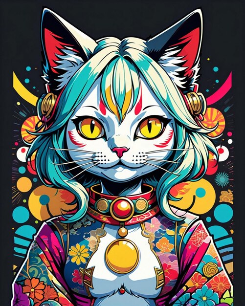 Очень яркая цифровая иллюстрация игривой кошачьей наклейки в стиле японского поп-арта