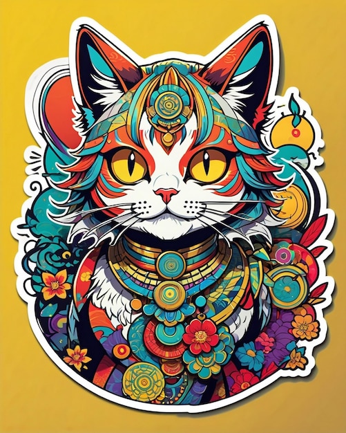 A highly vibrant digital illustration of a playful cat sticker in the style of Japanese pop art